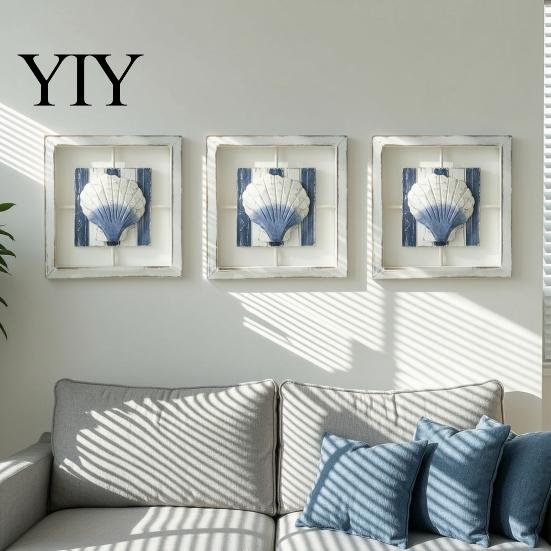 Waterproof Wood Wall Art 3D Conch/Starfish/Shell Wooden Frame Art, Distressed Coastal Style Decoration, Bathroom Beach Theme Decor Ocean Inspired for