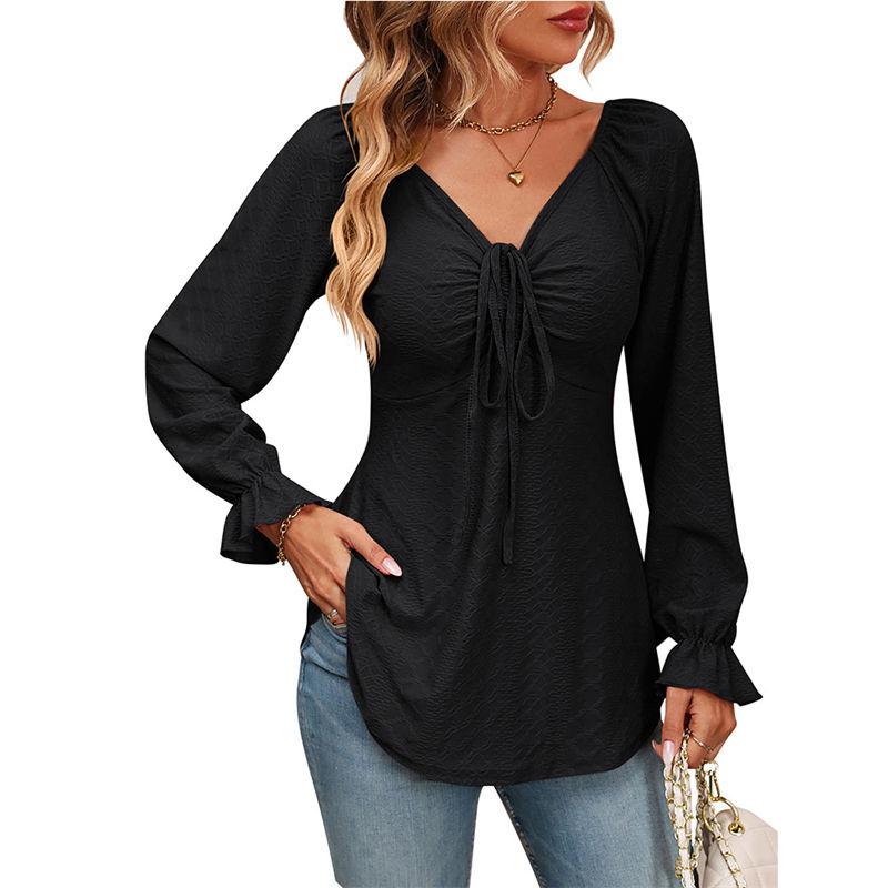 Women's Clothing Long Sleeve Girdle Drawstring Solid Color T-shirt V-neck
