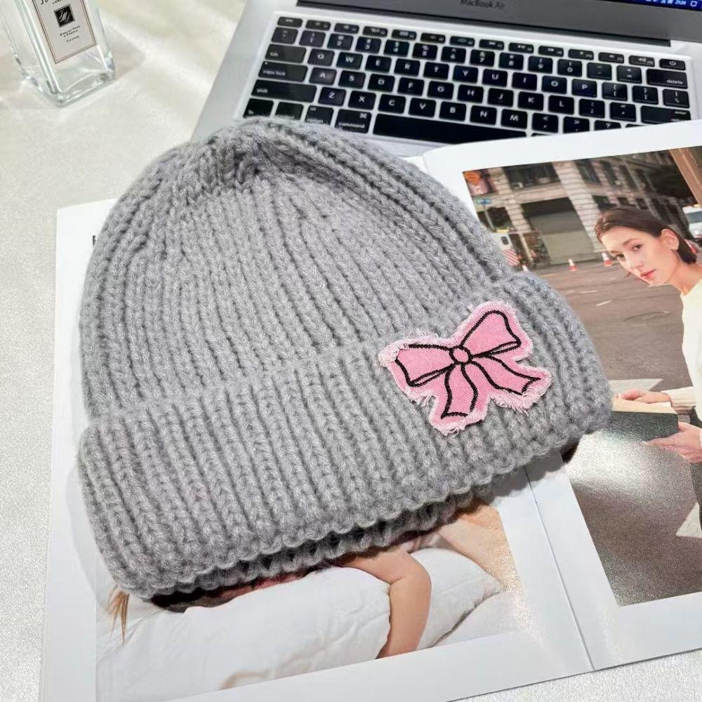 Lace Edge Bow Beanies Hat Solid Color Winter Knitted Cap Cute Bow Knitted Pullover Hat Outdoor
