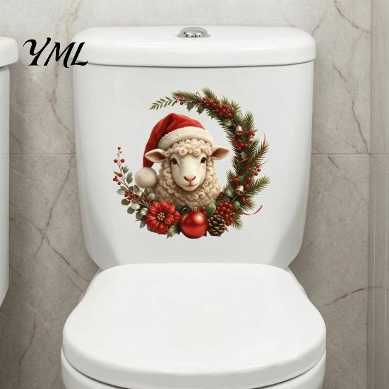 Christmas Toilet Decals Sheep Stickers, Self-Adhesive Lamb Lid Decals, Waterproof Cute Holiday Seat Art Xmas Bathroom Decor for Tank Tile Home