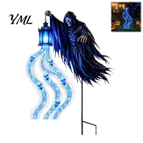 Resin Cemetery Figurines Halloween Grim Reaper Garden Stake Light, Battery Powered Outdoor Spooky Waterfall Glow Front Yard Accents Pathway Lamp with