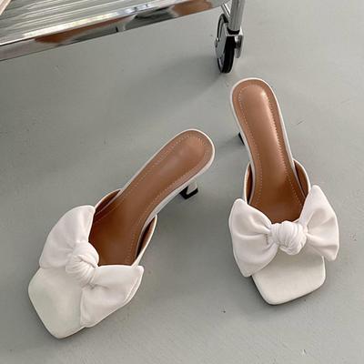 Новые модные дизайнерские шлепанцы с бантиком и узлом, женские шлепанцы, уличные сандалии с квадратным носком на тонком высоком каблуке, вечерние модельные туфли