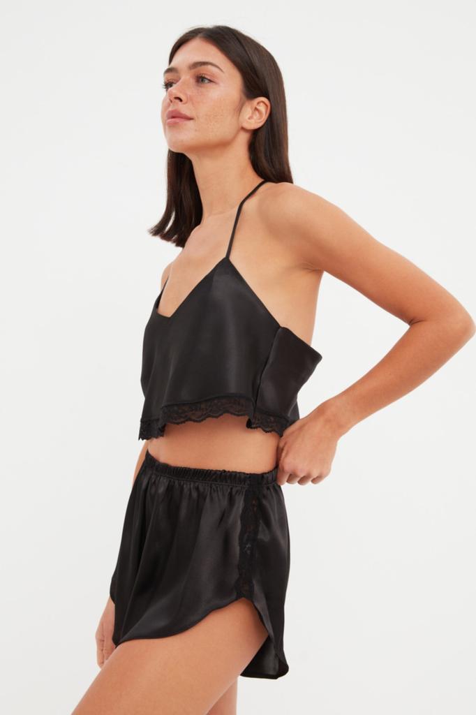 Women's Fashion New Pajama Set Black Lace Detailed Rope Strap Crop Satin Woven Pajama Set