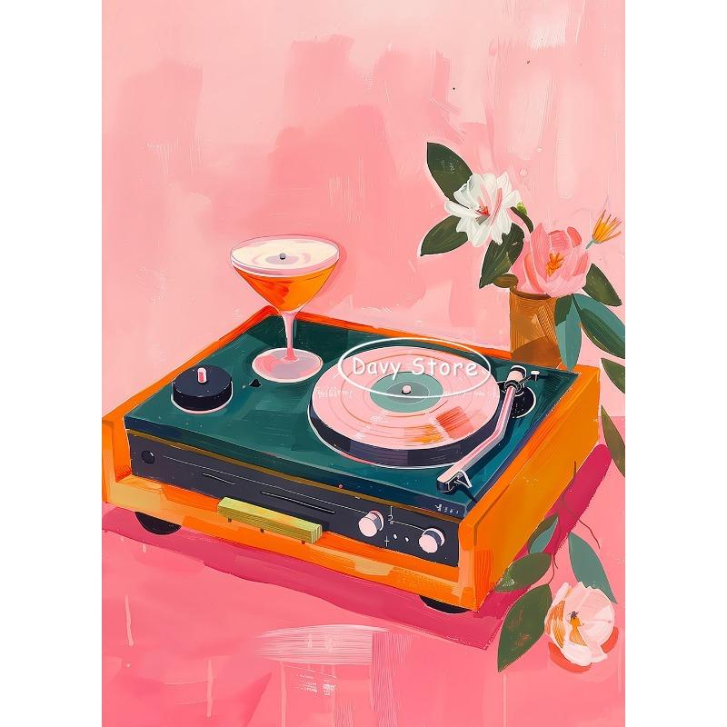 Винтажный проигрыватель кассетный магнитофон музыкальный постер эклектичный розовый принт на стену ретро холст картина бар домашний декор эстетика