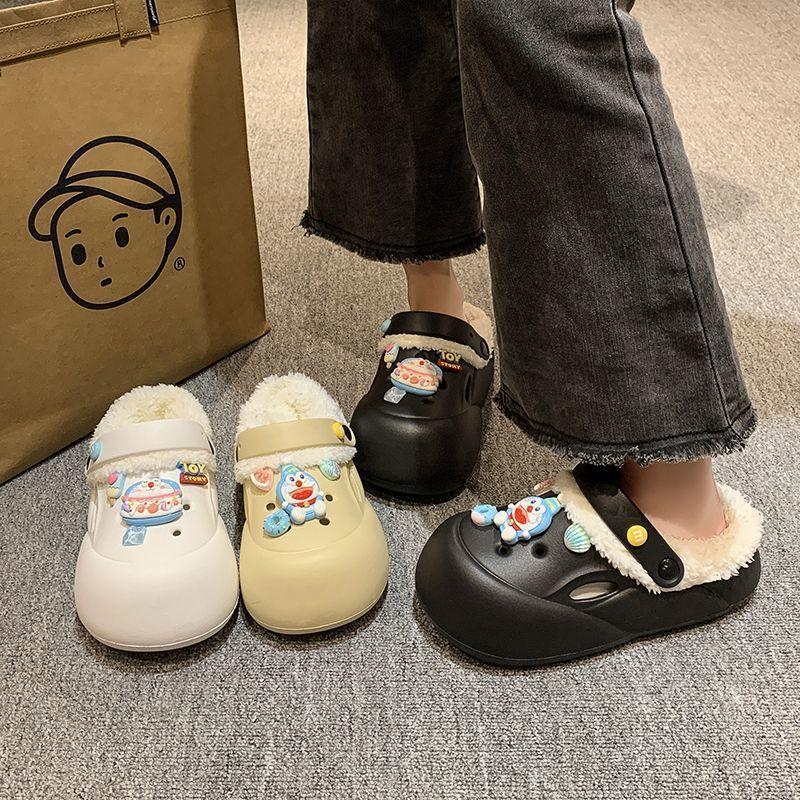 Модная верхняя одежда женские нескользящие пушистые тапочки на толстой подошве 2025 зима новая милая мультяшная теплая бархатная хлопковая обувь