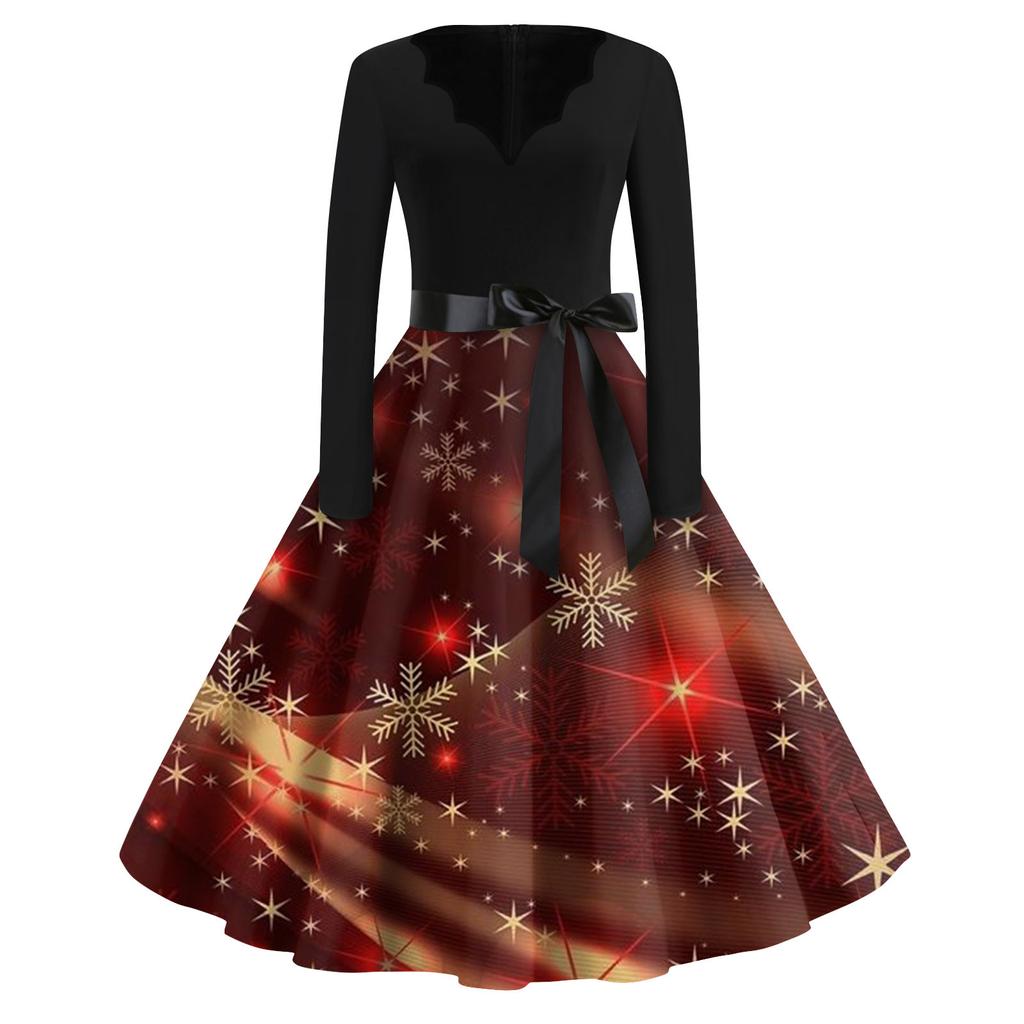 Women's Fashion V-Neck Casual Slim Christmas Printed Long Sleeve Dresses
