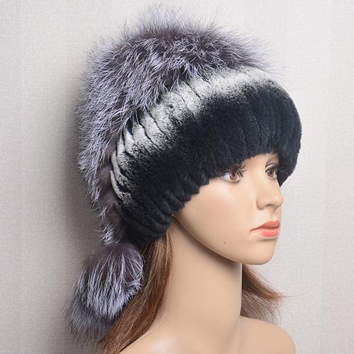 New Lady Winter Warm Natural Rex Rabbit Fur Hat Women Elastic Soft Handmade Knitted Real Fur Cap Fox Fur Beanies Hats