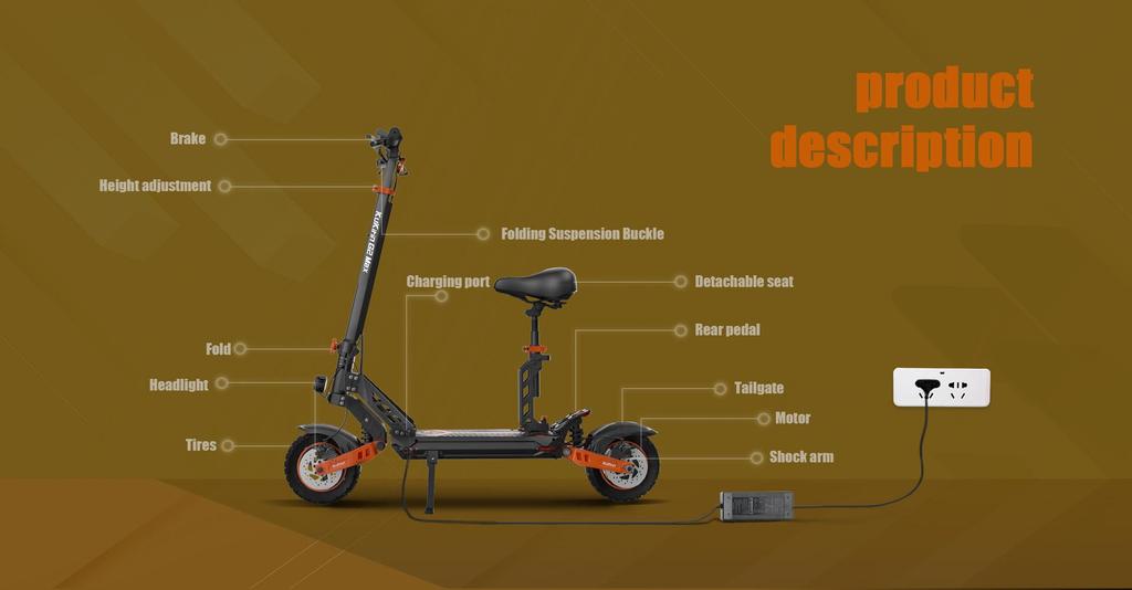 Foldable electric scooter Kukirin G2 Max, 1000W motor, 48V 20.8AH battery, top speed 55km/h, cruising range 70km, 10-inch tires