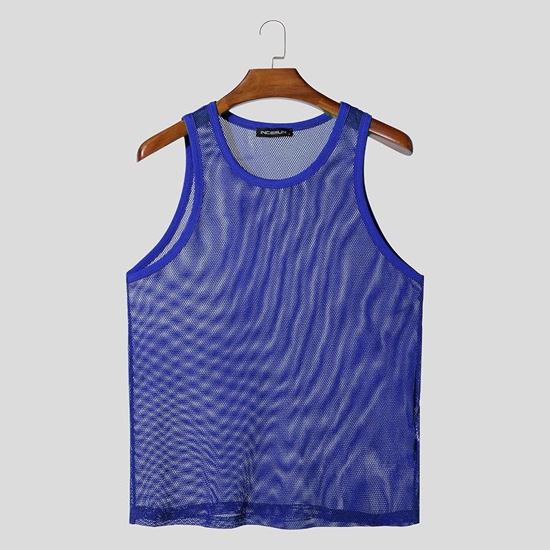INCERUN Men Round Neck Sleeveless Mesh Sheer See Through Party Tank Tops T-shirts