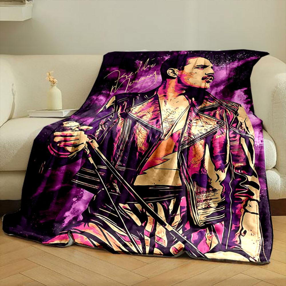 Vibrant stylized figure in a leather jacket against a cosmic purple backdrop. for all seasons blanket lunch break throw gift