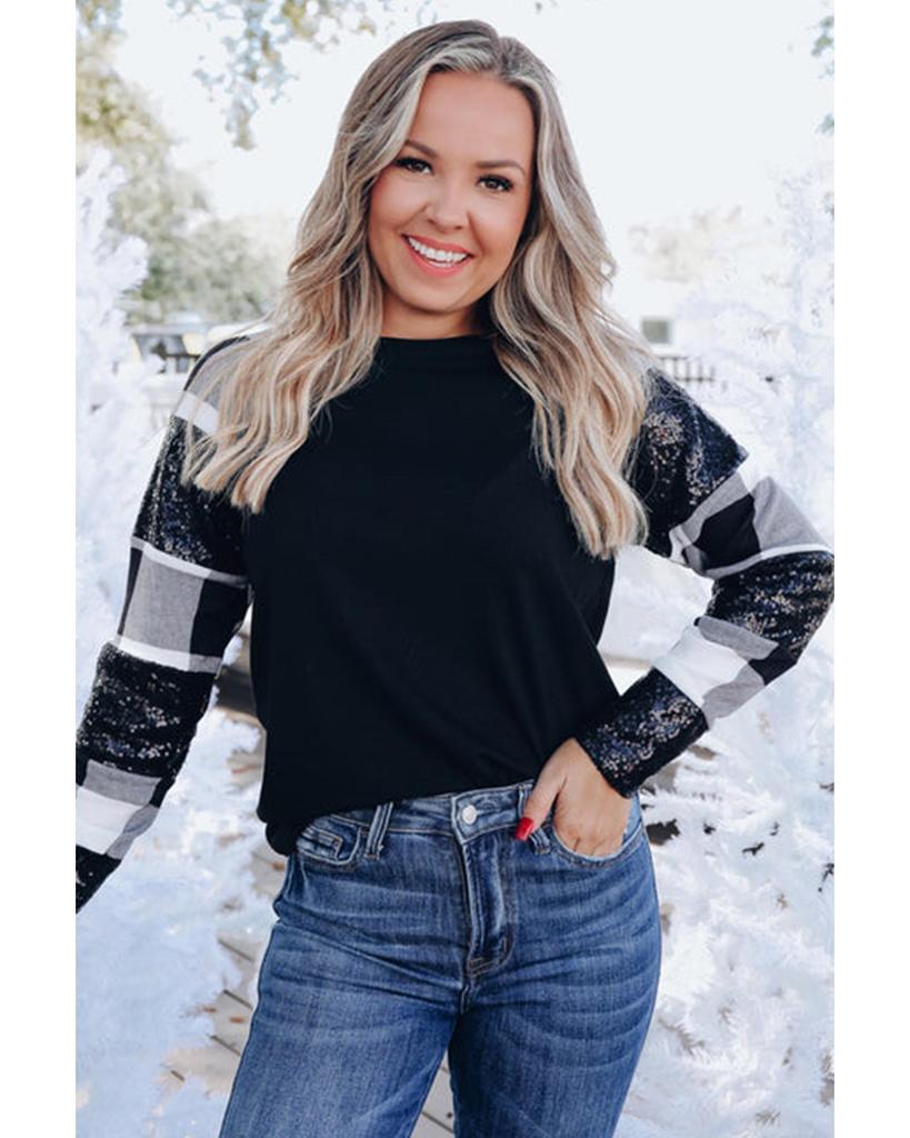 Azura Exchange Black Sequin Plaid Patchwork Raglan Sleeve Top