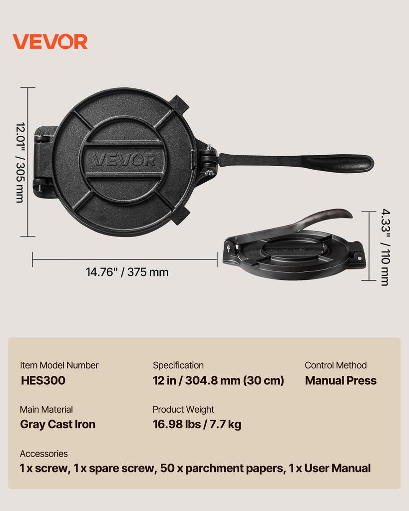 VEVOR Tortilla Press 30cm Cast Iron Roti Maker and Tortilladora Heavy Duty, Ideal for Homemade Flatbreads Kitchen, Restaurant, Bakery