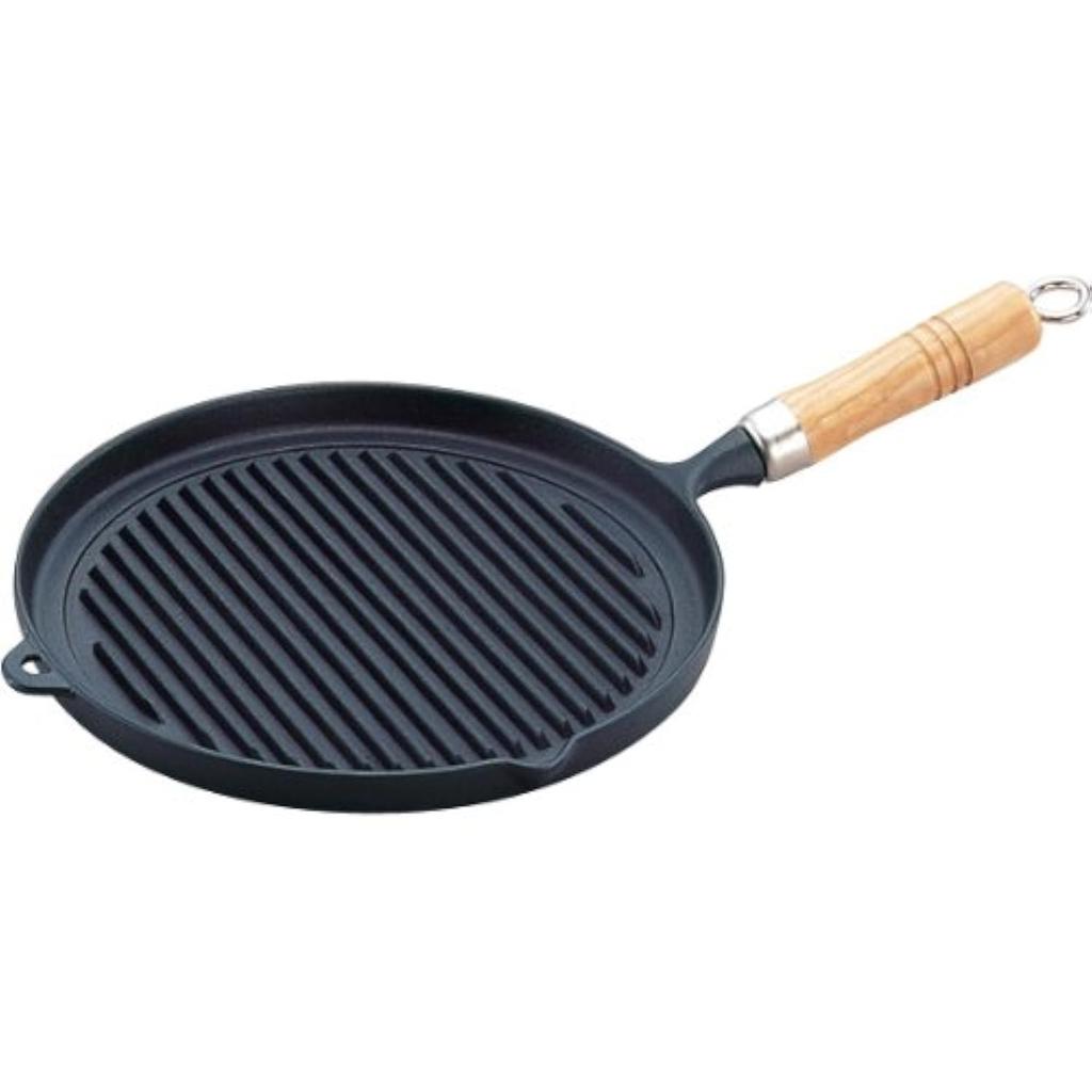 Iwachu Grill Pan with Wooden Black Inner Diameter IH Nanbu Ironware 23029 Handle, Baked, 24.5cm, Compatible,