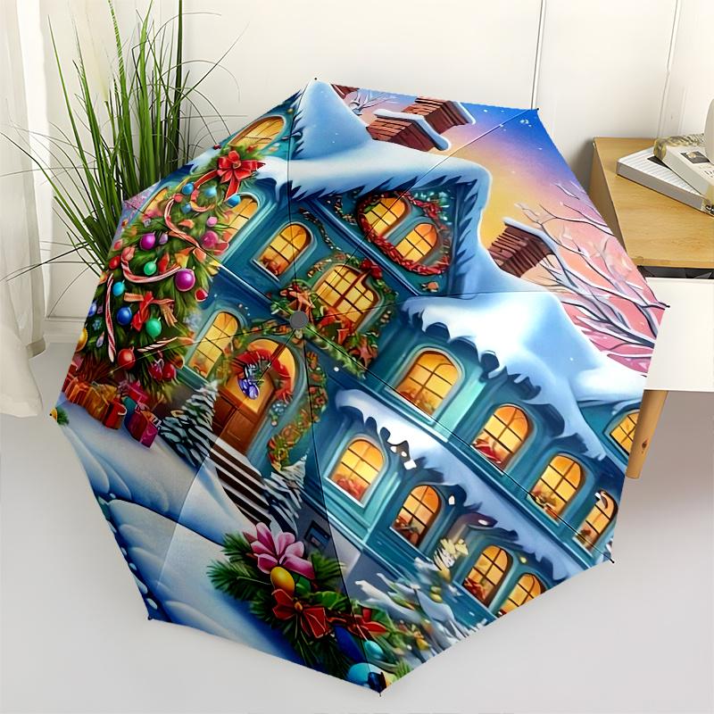 Christmas, Winter Wonderland Theme 8 Bone Hand Automatic Folding Umbrella, Compact and Portable Design, A Perfect Gift for Birthday, Christm