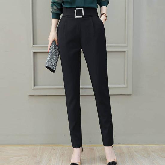 Женские повседневные брюки с высокой талией, костюмные брюки с металлическими пряжками и карманами, однотонные облегающие шаровары, рабочая одежда