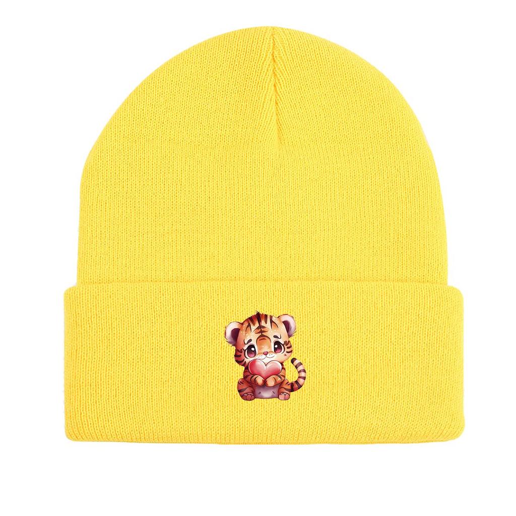 Cute Tiger Heart Warm Knitted Cap Beanie, Animal Woman Cap Lightweight Slouchy Casual Bonnet Knit Hat Beanie