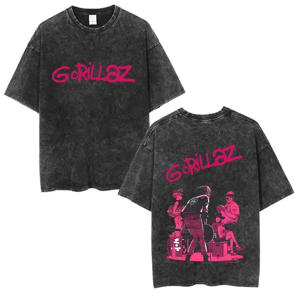 Gorillaz Виртуальная группа Двусторонняя графическая печать Винтажная стирка Оверсайз Уличная футболка