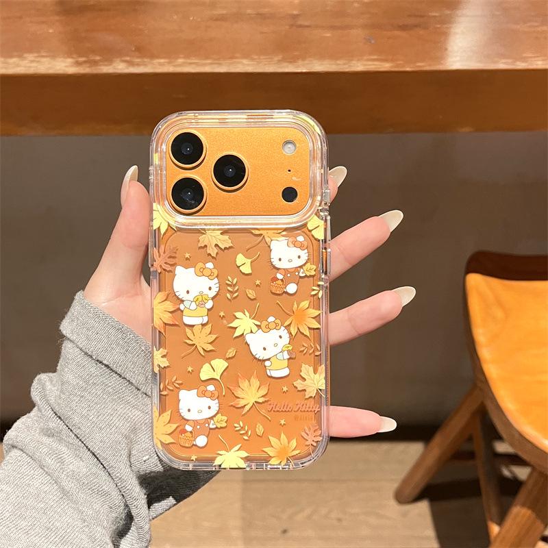 Чехол Hello Kitty с кленовым листом для iPhone 17/16 Pro Max/15/14 - Осенне-зимний, полупрозрачный желтый