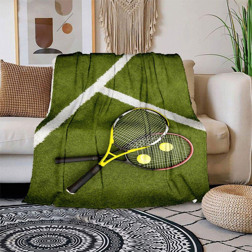 Tennis Rackets and Balls on CourtBlanket Flannel Throw Blanket for Sofa, Bed, Travel, Camping, Office, Couch, Chair, And Bed Gift for Christ