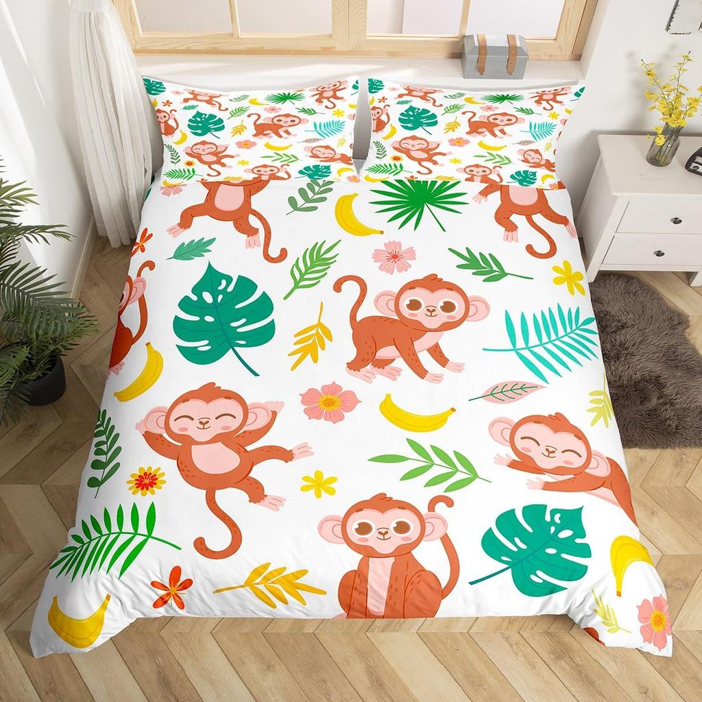 Комплект постельного белья с милой обезьянкой, двойной, с рисунком банана, звезд, пододеяльник с изображением тропических диких животных и фруктов, желтый пододеяльник