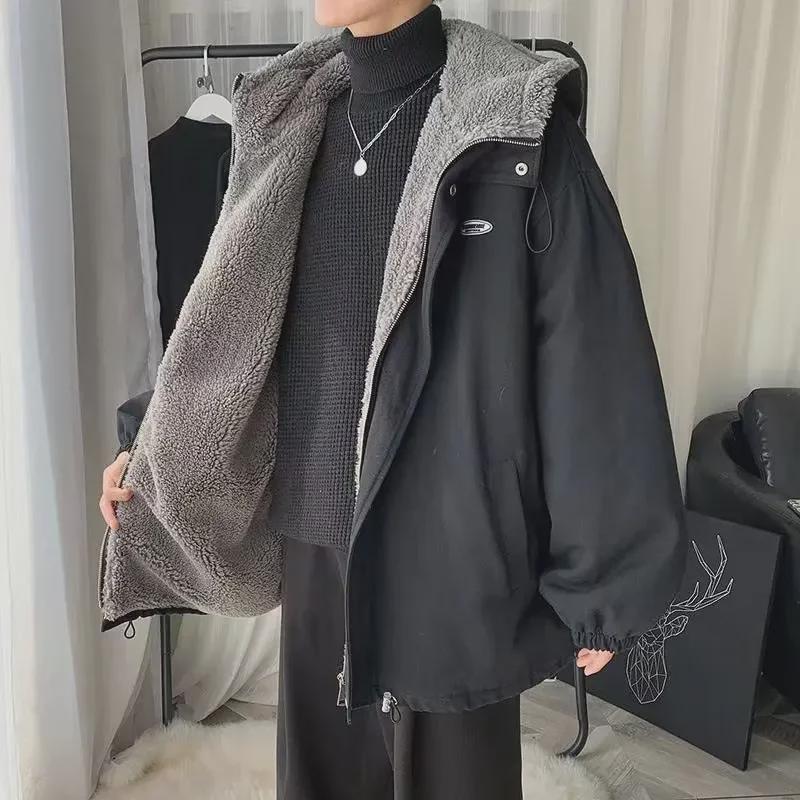 Мужское модное зимнее пальто из овчины с капюшоном — свободный крой, плюс бархат, плотное и теплое для пар