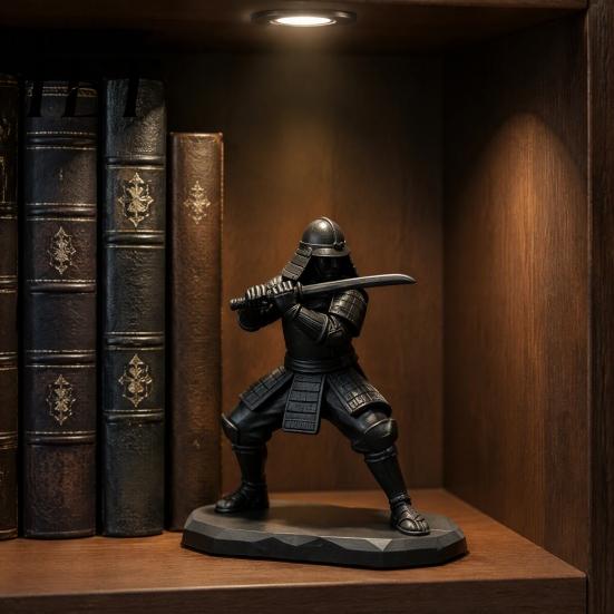 Dark Warrior Desk Decor 3D Printed Samurai Figurine with Swords, Cool Statue, Stable Matte Black Desktop Sculpture Base Ornament for Gaming