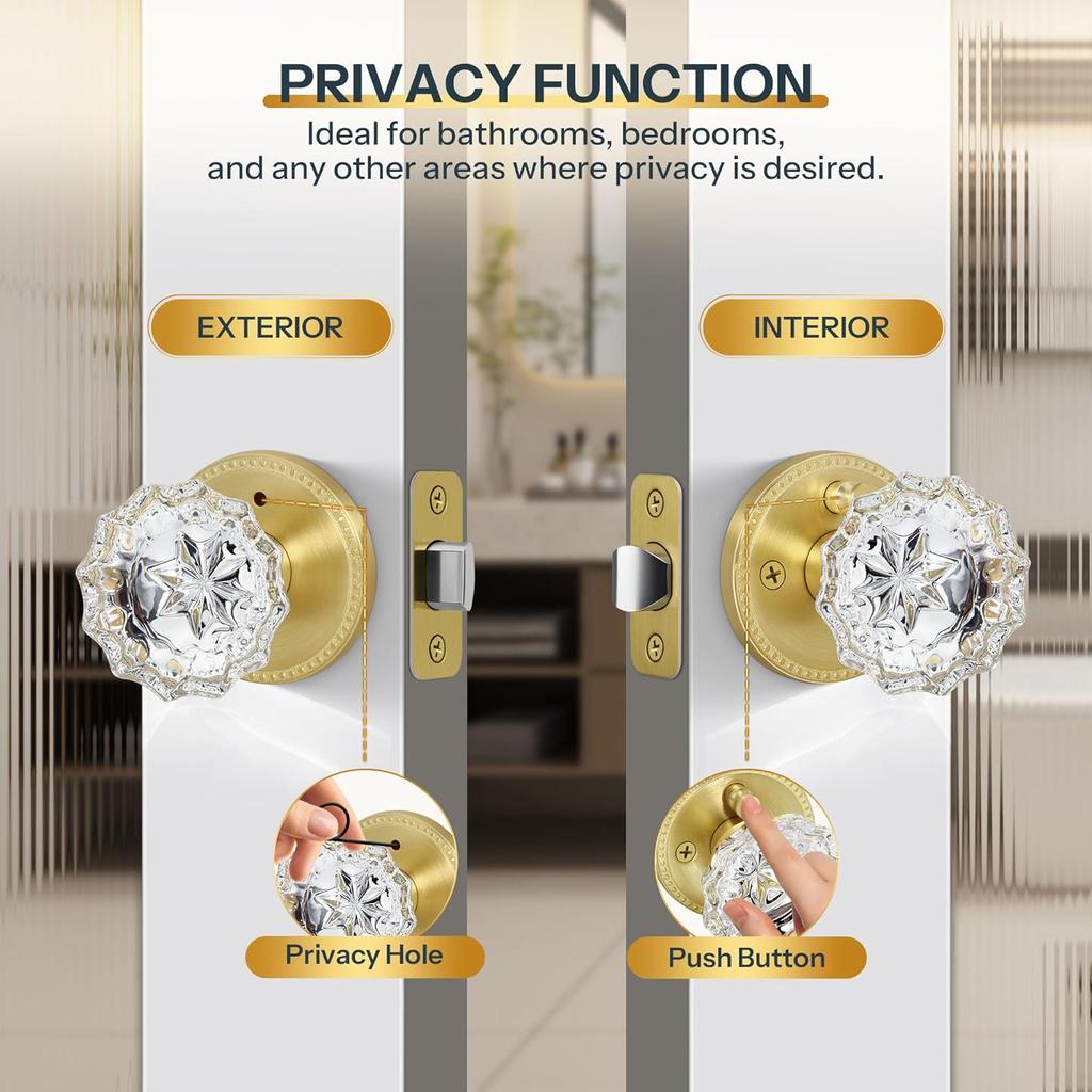 Privacy Crystal Door Knob, Gold Vintage Crystal Door Knob with Privacy Lock, Glass Doorknob Interior for Bathroom, Bedroom, Satin Brass