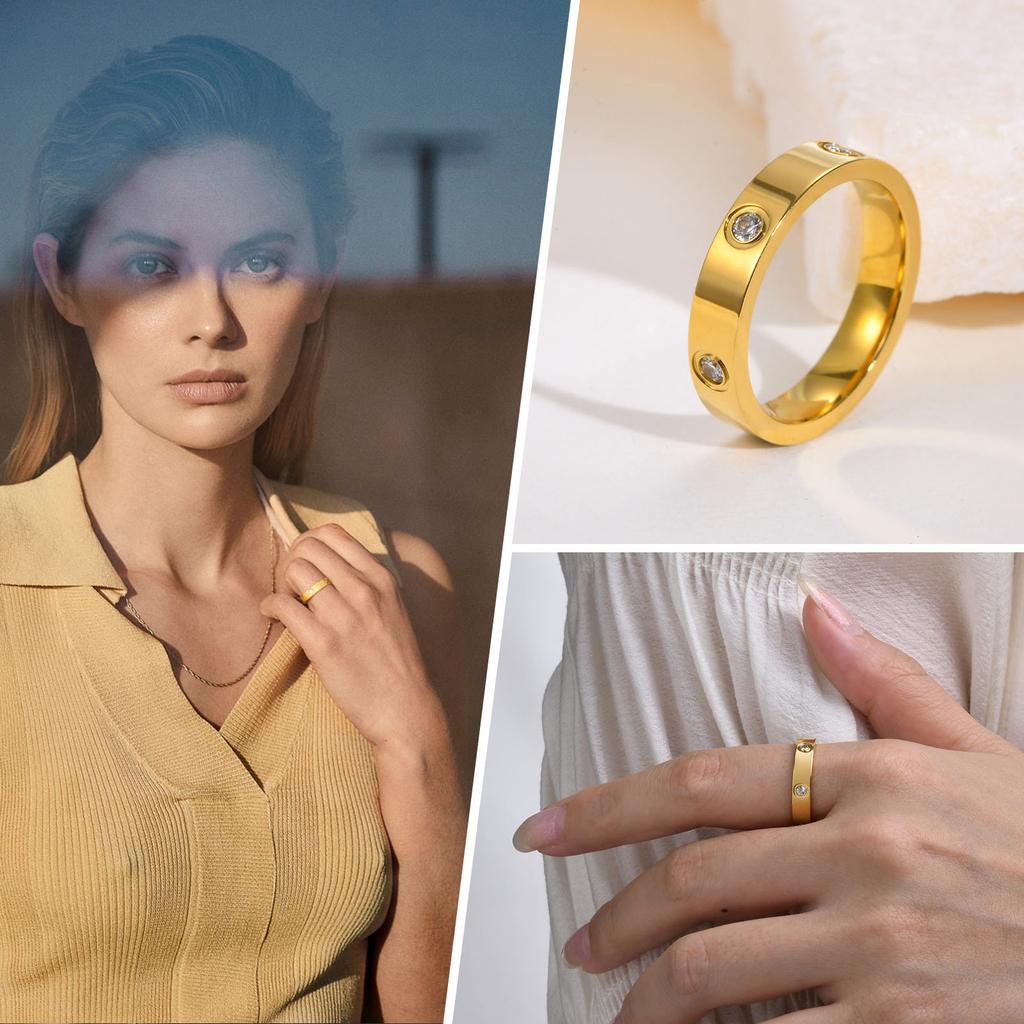 Dainty Cubic Zirconia Love Promise Rings For Women, Gold Plated Stainless Steel Wedding Band Jewelry To Girls Lover