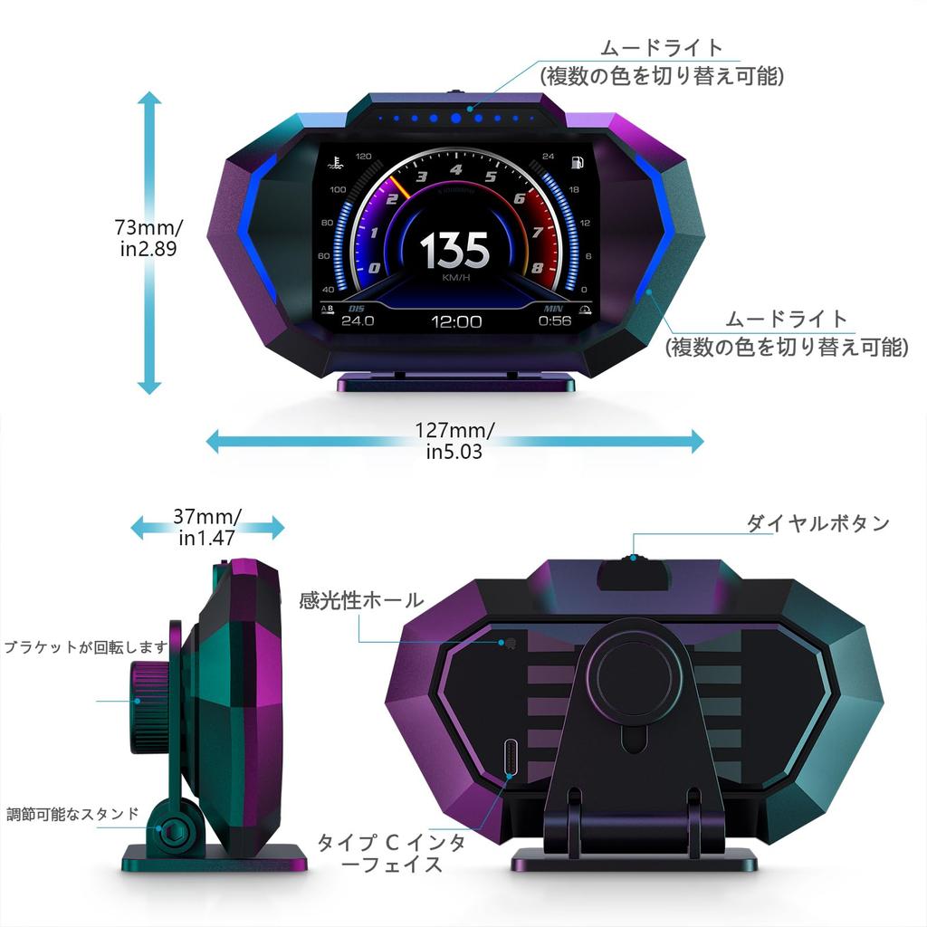 Wiiyii Head-Up Display, OBD2+GPS Car Instrument, Display Various Car Data and Driving Data, Suitable for All Cars