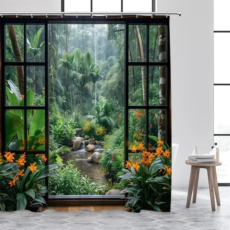 300x180СМ Пейзажные шторки для душа Зеленые растения Пальма Водопад Лес Природа Пейзаж Домашний Набор Декора для Ванной Комнаты
