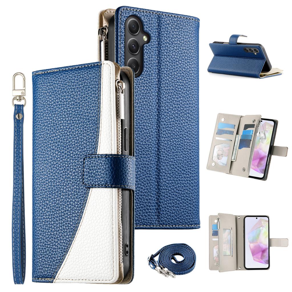 For Samsung Galaxy A35 5G Case Zipper Wallet Color Splicing Leather Flip Phone Cover with Straps