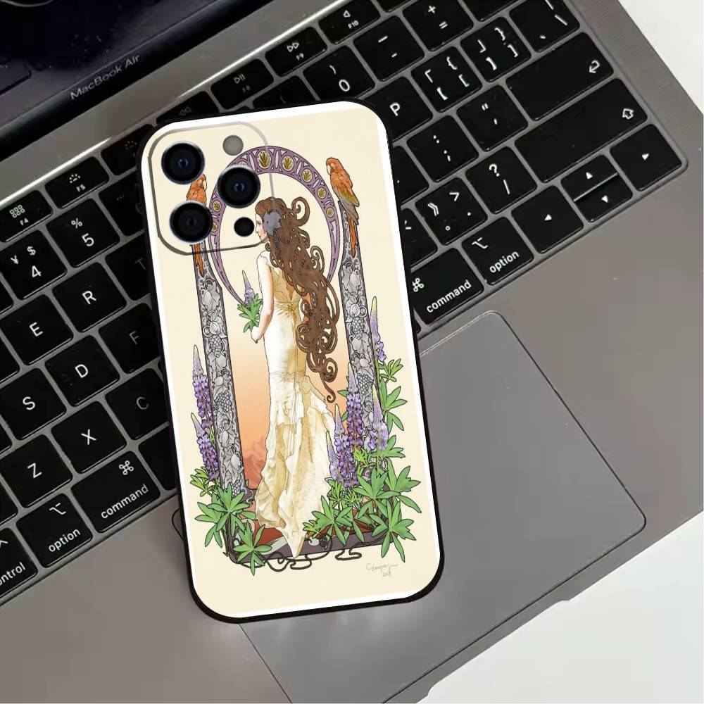 V-Винтажный A-Альфонс Муха Чехол для телефона для iPhone 17,16,15,14,13,12,11 Plus,Pro Max,XS,Мягкий силиконовый Черный чехол