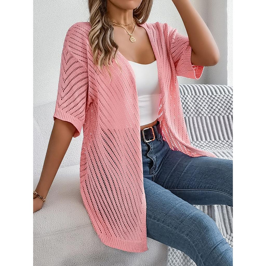 HNXC Summer Hollowed-out Short-sleeved Knitted Cardigan for Vacation Sun Protection Women's Wear