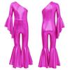 Kids Girls Romper Shiny Metallic One Shoulder Flare Sleeve Bodysuit Dance Jumpsuit Gymnastics Figure Skating Dance Wear