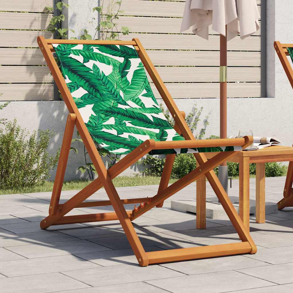 Folding Beach Chair with Leaf Pattern Solid Eucalyptus Wood Frame and Fabric