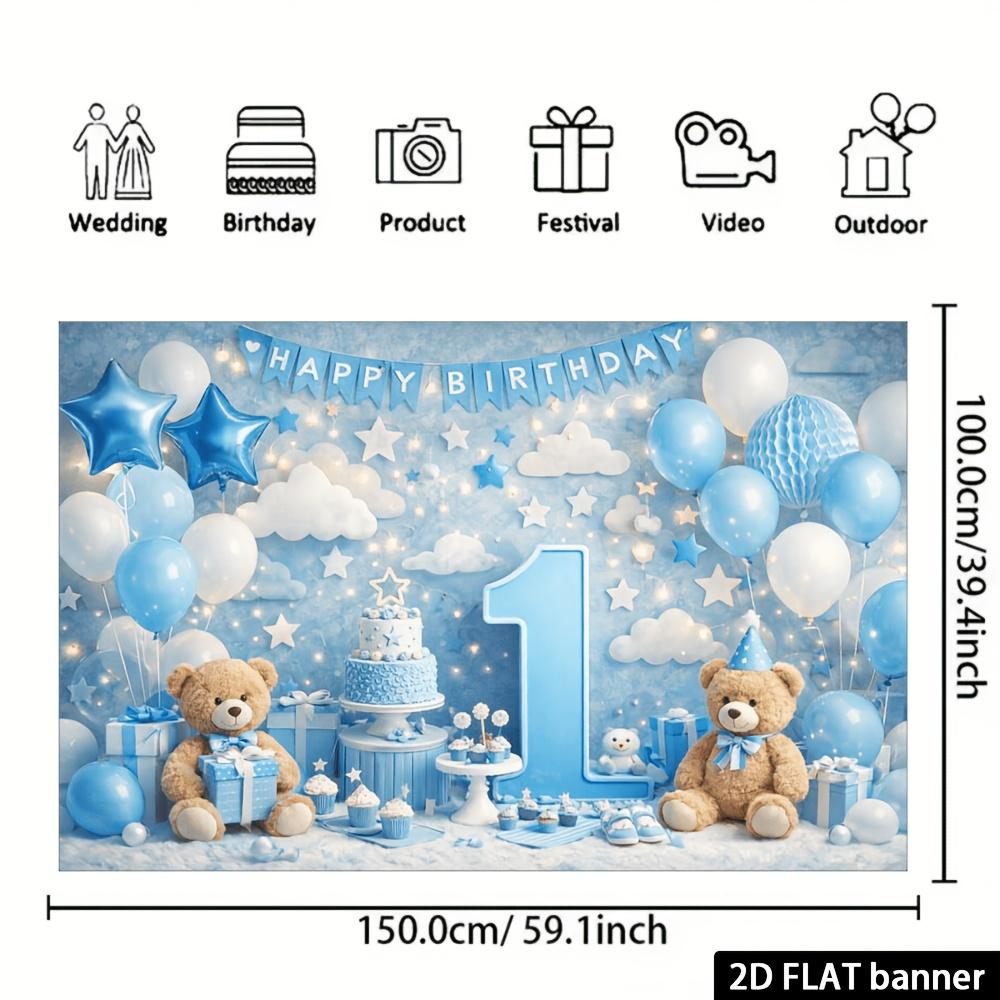 2D Plane Double Baby Bears Blue and White 1st Birthday Background Cloth - Double Baby Bear Doll Design