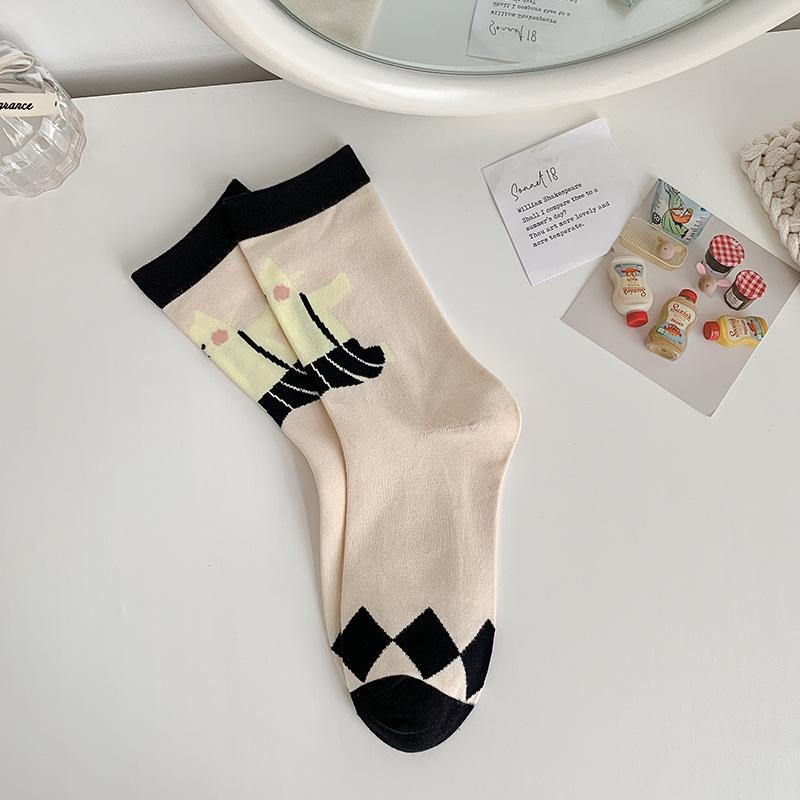 Japanese Style Cartoon Kitten Mid-Calf Socks, Women's Graffiti Sport, Spring/Autumn Korean College Fashion