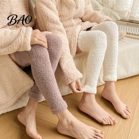 Elastic Thermal Leggings for Home Coral Fleece Leg Warmers Women, Thickened Winter Knee High Cozy Leisure Covers Socks, Striped/Solid Color,