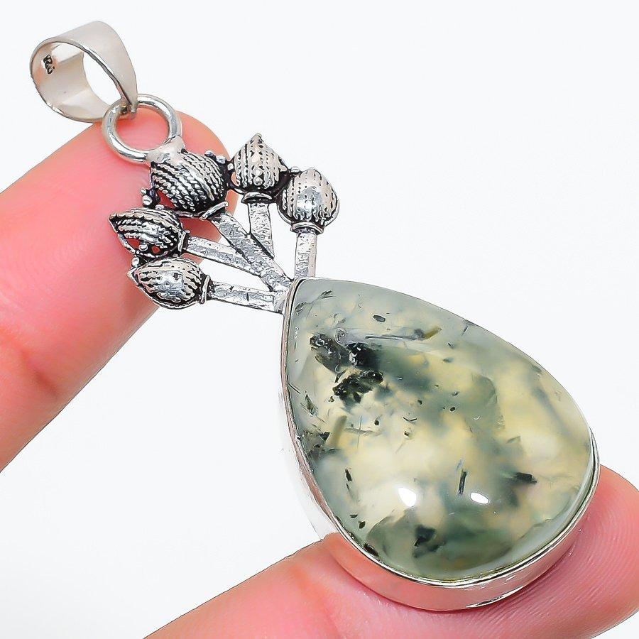 Natural Prehnite Gemstone Handmade 925 Sterling Silver Pendant 2.36" D0r05