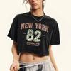 New York 82 Hollow Out Word Prints Women Washed Crop T Shirt Cotton Hip Hop Tops Crewneck Streetwear Cotton Short Sleeve