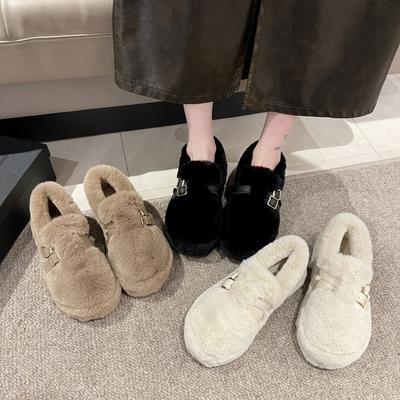 Популярные в интернете повседневные универсальные шерстяные туфли на толстой подошве женские 2025 новая обувь с одним педальным приводом бархатные хлопковые туфли женские