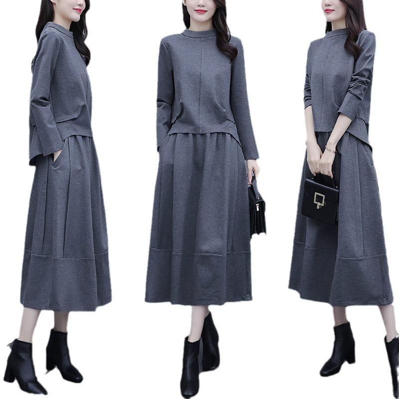 Женское платье-двойка больших размеров с длинными рукавами - коллекция осень/зима 2020, стильная повседневная мода для полных людей с небольшим весом.