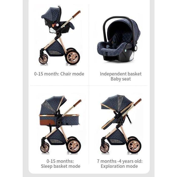 Poussette 3 en 1 Bébé Combinée Siège-Auto Nacelle Trio Réversible Réglable Haute Qualité Roues increvables Canne grey