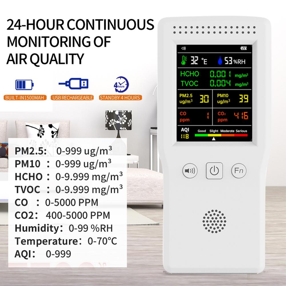 Портативный 9-в-1 Детектор качества воздуха PM2.5 PM10 HCHO TVOC CO CO2 AQI Температура Влажность Многофункциональный Цифровой ЖК-монитор качества воздуха Высокая точность