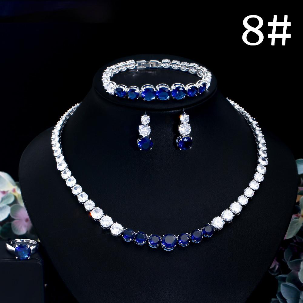 CMM 4PS Роскошный комплект свадебных украшений, ожерелье, кольцо, серьги, браслет, сапфировый цвет/рубиновый цвет, цирконий
