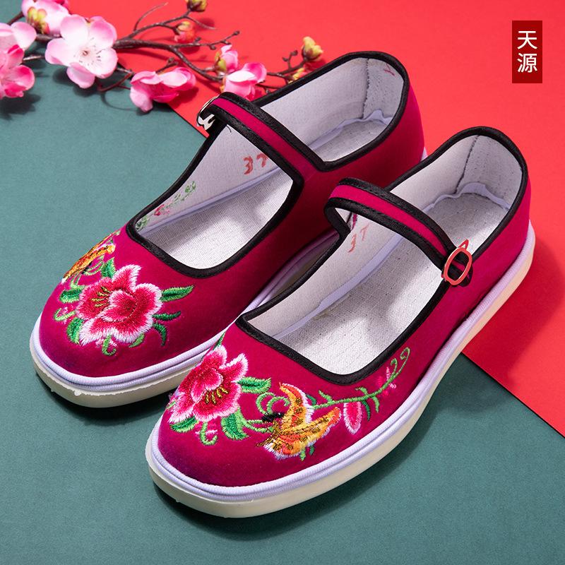 Туфли «Старый Пекин», тканевые туфли, женские туфли с вышивкой, нескользящие бабушкины туфли с одним ремешком, туфли для мам, танцевальная обувь