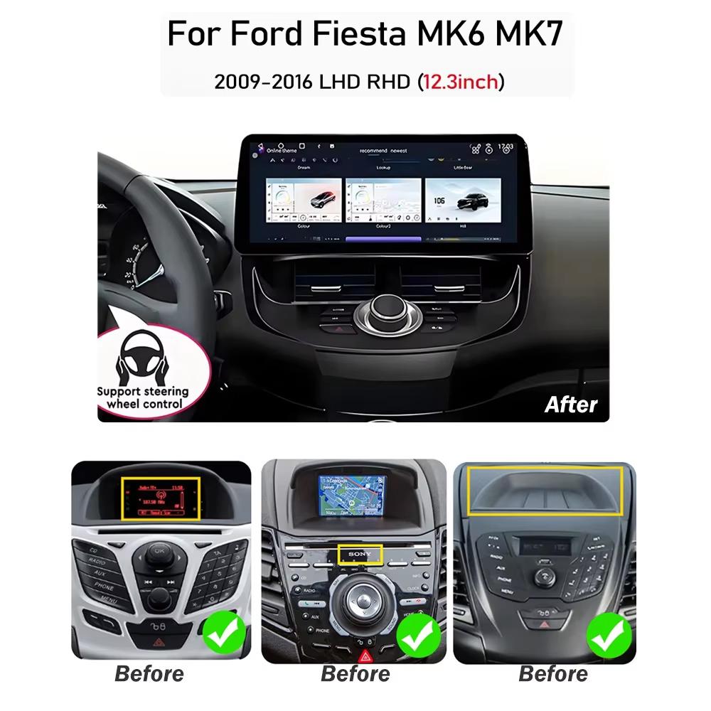 Для Ford Fiesta MK6 MK7 2009-2016 LHD RHD 12,3-дюймовая автомагнитола Android Мультимедийный видеоплеер GPS Беспроводной Carplay QLED-экран