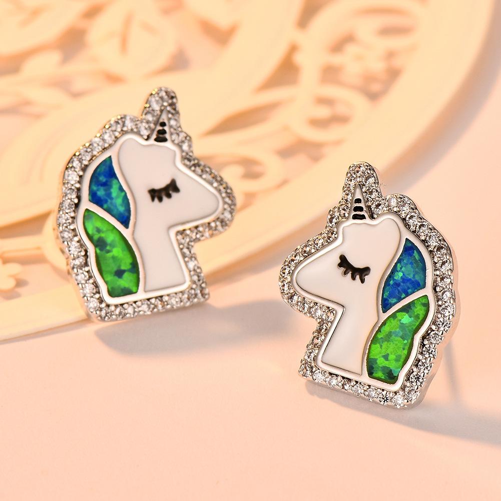 Cartoon Cute Style Colorful Unicorn Edge White Diamond Earrings Sweet Girl Heart Earrings