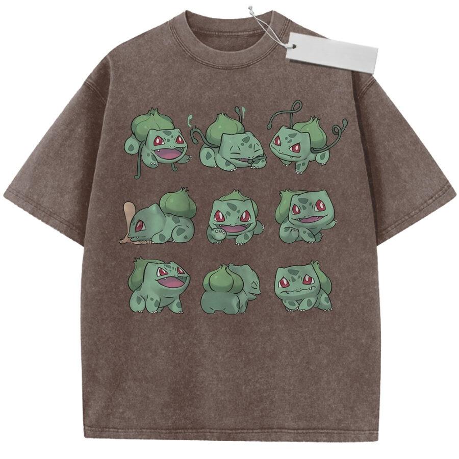 Unisex Washed Beige Vintage Tshirt Pokemon Bulbasaur Emoji Highquality Fabric for Home Leisure Travel Shopping