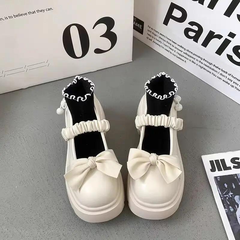 2024 New Fashion Buckle Women's Pumps Spring Autumn Mary Jane Round Toe Solid Butterfly Knot Platform Casual Ladies Shoes